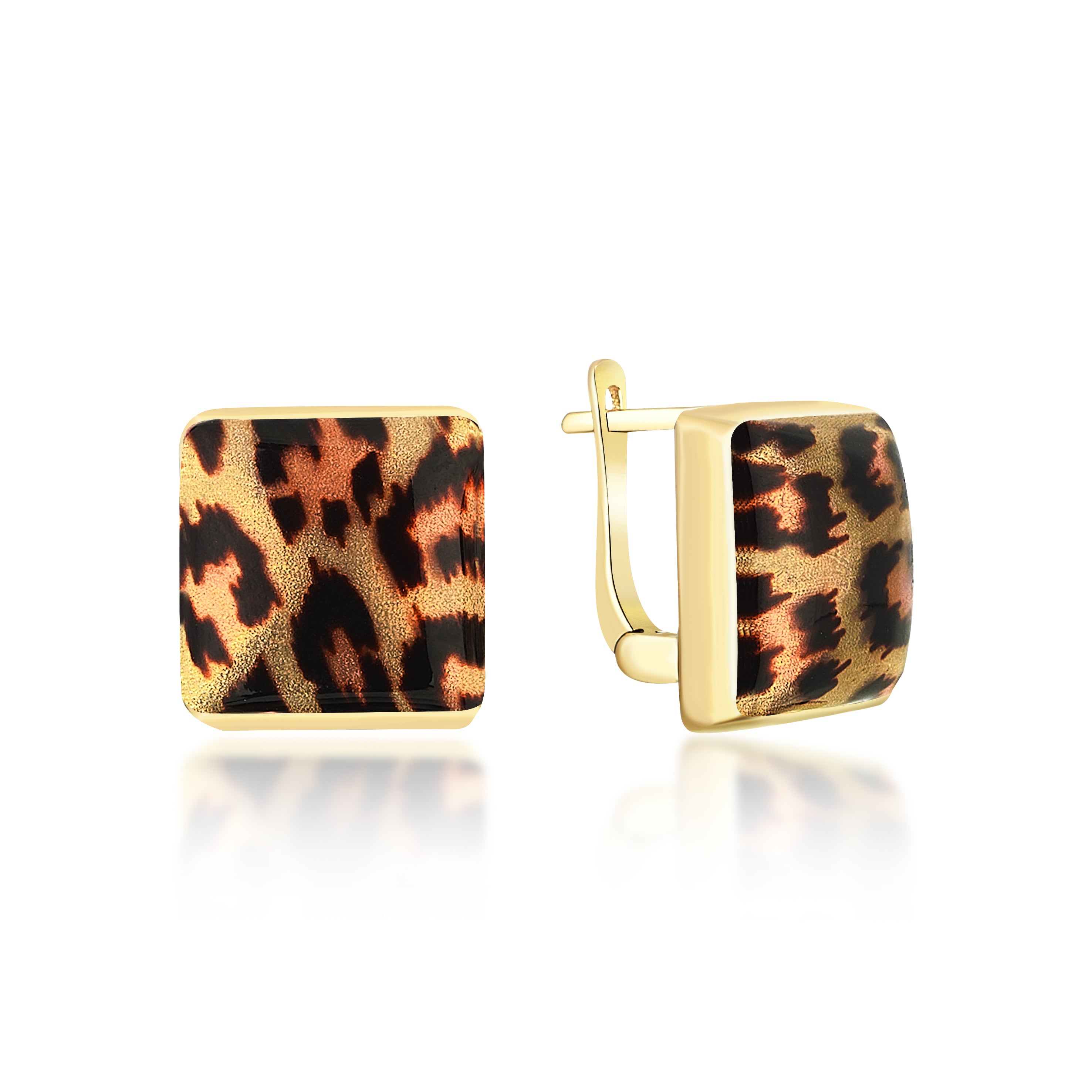 Leopar Mineli Kare Altın Küpe
