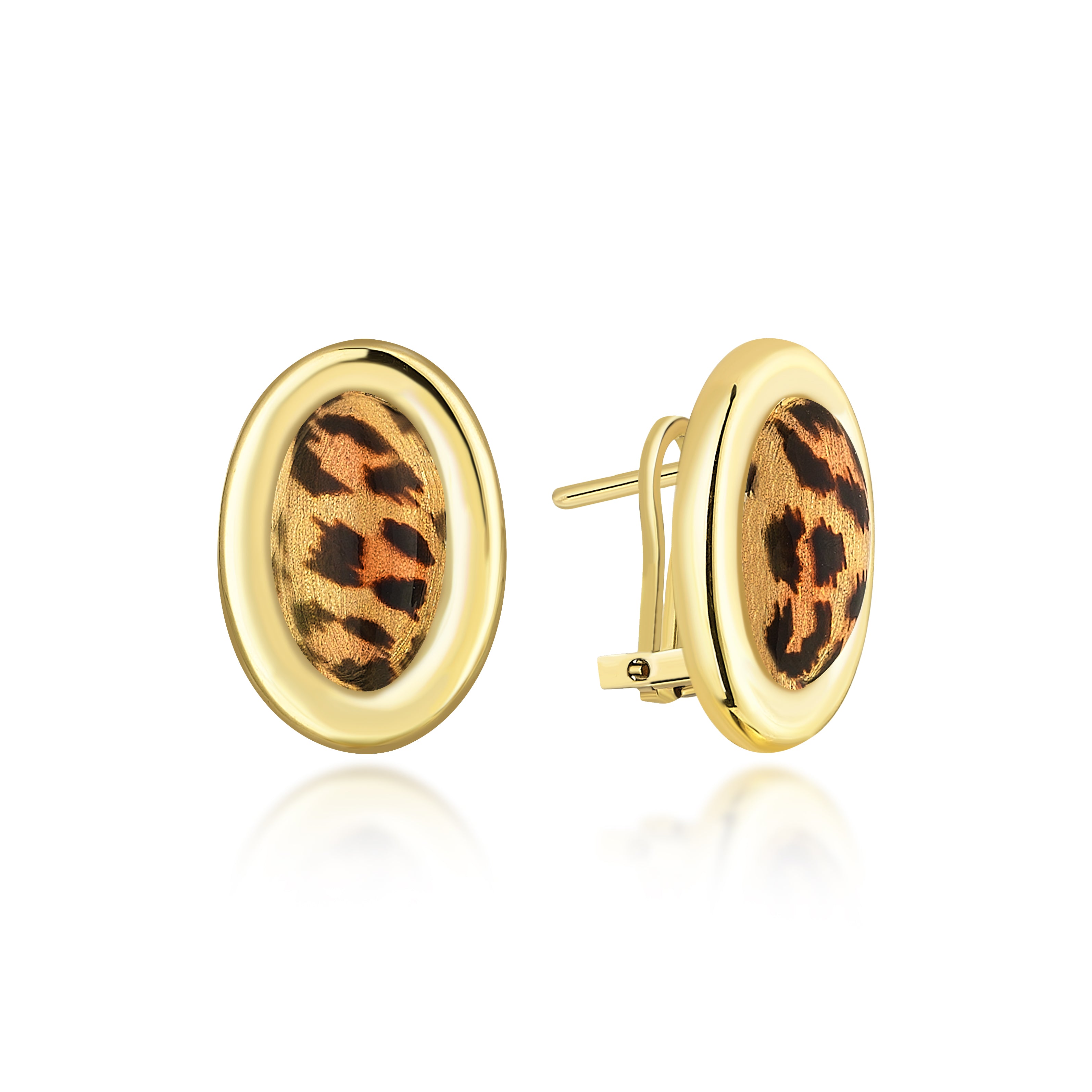 Leopar Mineli Çerçeveli Altın Küpe