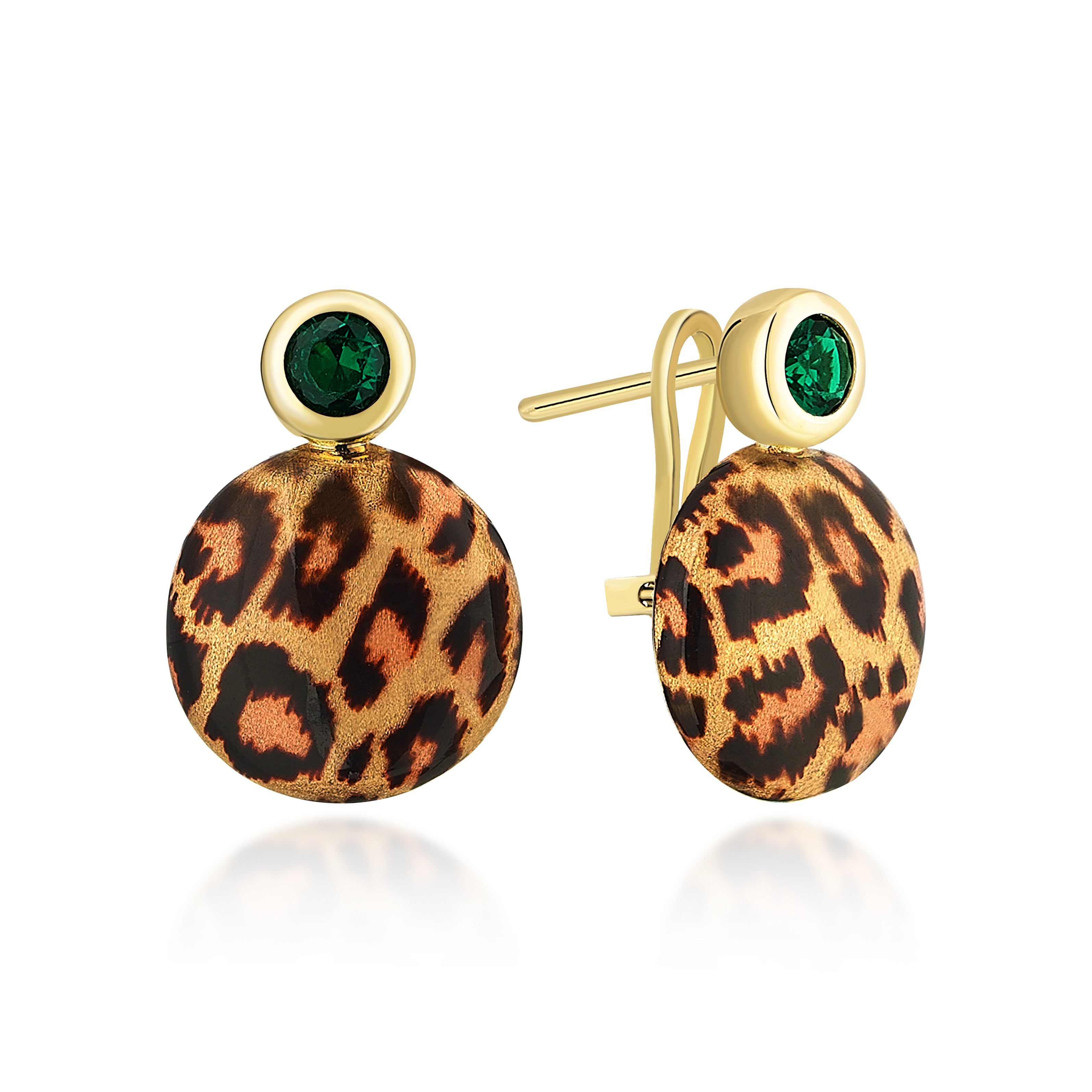 Leopar Mineli Yeşil Taşlı Altın Küpe