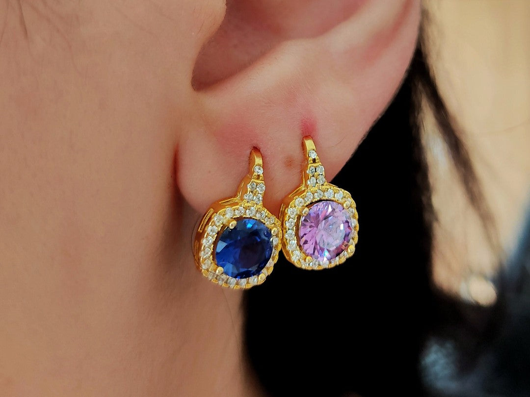 Zarif Renkli Taşlı Lever-Back Altın Küpe