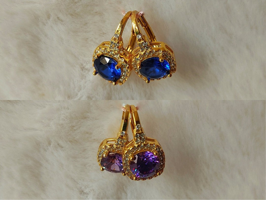 Zarif Renkli Taşlı Lever-Back Altın Küpe